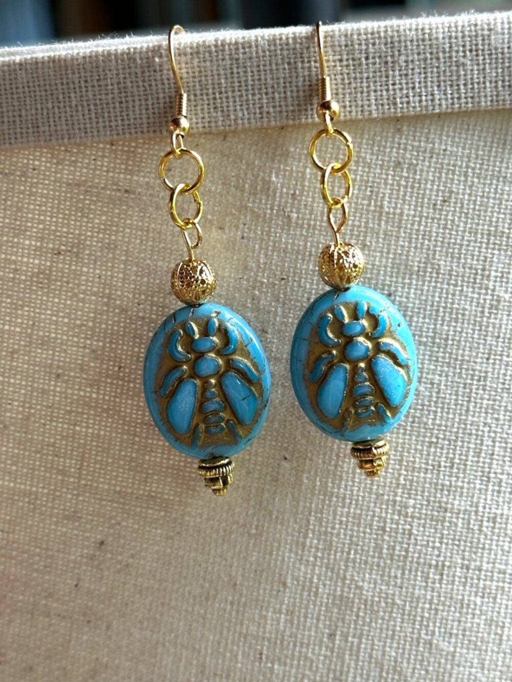 Czech Glass Bee Earrings Sky Blue Gold Dangle Cottagecore Boho Handmade - Picture 4 of 11
